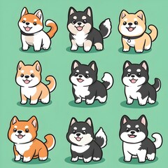 Fototapeta premium Charming Cartoon Shiba Inu Dogs in Vibrant Mint Green Background