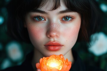 Naklejka premium Thoughtful young woman with flower