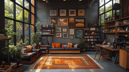 Naklejka premium Contemporary coworking space with creative decor, collaborative areas, and ergonomic furnitur
