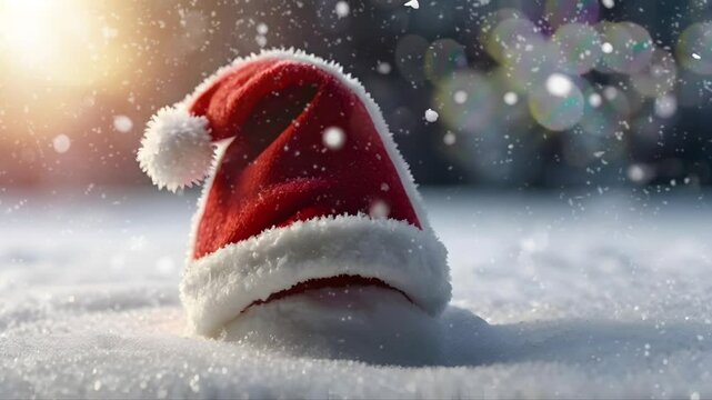 A santa hat is on a snow mound during winter, christmas atmosphere, christmas new year template. Seamless 4K looping timelapse video animation background