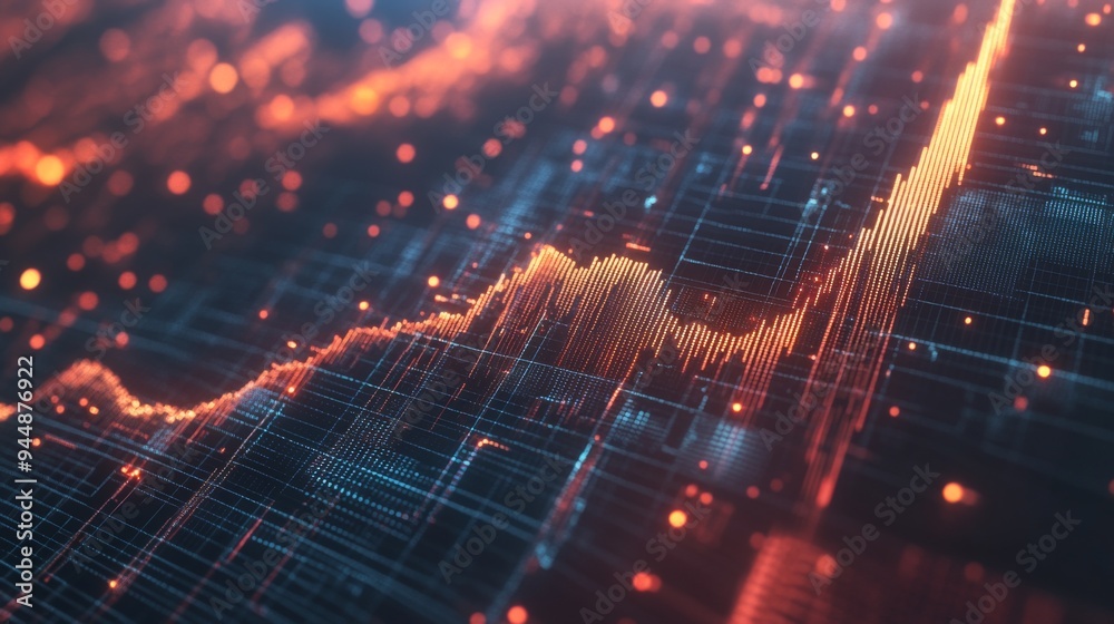 Poster a close-up of a 3d financial graph with rotating elements and interactive data points, set against a