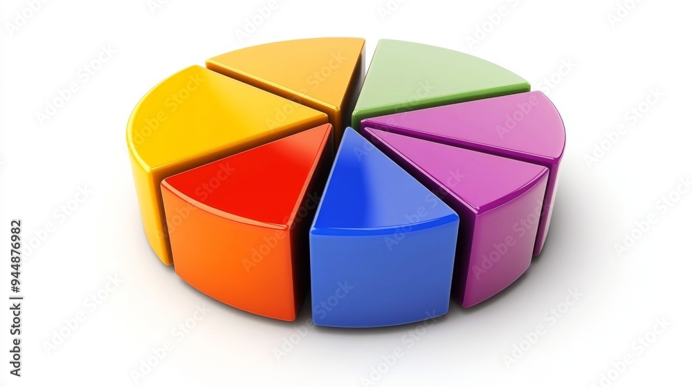 Poster a close-up of a 3d financial pie chart with segmented colors and labels, floating against a white ba