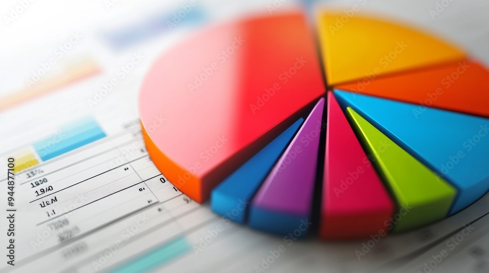 Poster a close-up of a 3d financial pie chart with segmented colors and labels, floating against a white ba