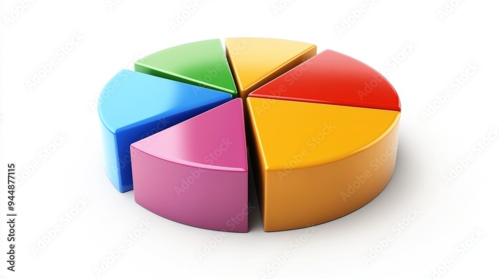 Poster a close-up of a 3d financial pie chart with segmented colors and labels, floating against a white ba