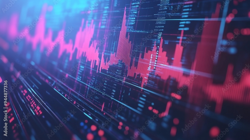 Poster a close-up of a 3d financial graph with rotating elements and interactive data points, set against a