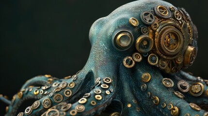 Fototapeta premium Deep-sea wonder: a steampunk octopus adorned with brass gears and metal elements, evoking a retro-futuristic vibe.