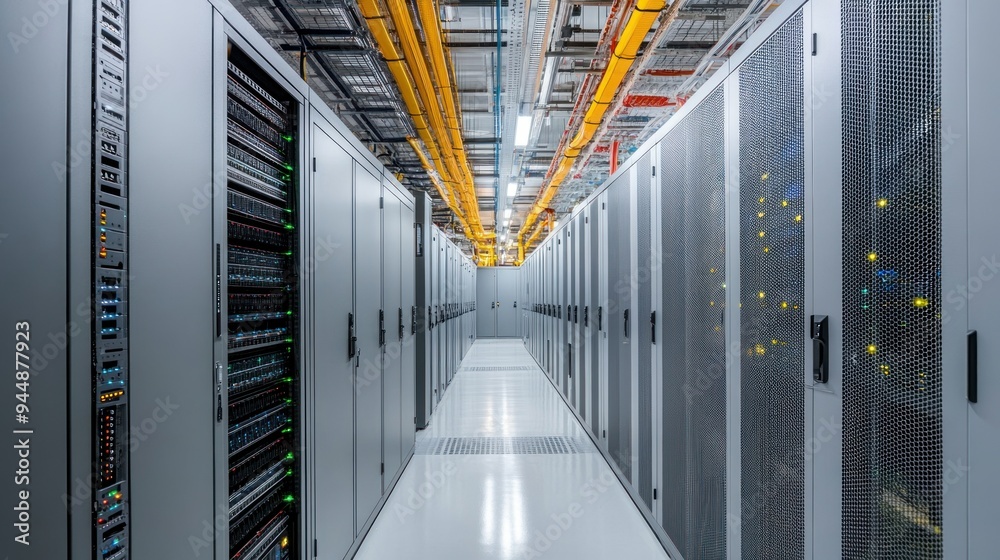 Aufkleber Server Racks in a Modern Data Center with Yellow Cables Running Overhead
