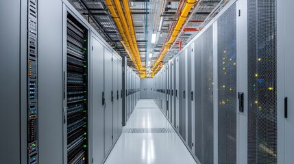 Server Racks in a Modern Data Center with Yellow Cables Running Overhead