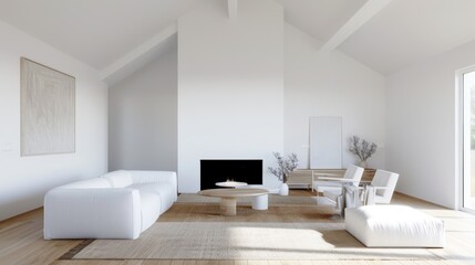 Minimalist Scandinavian Living Room, spacious interior with high ceilings, white walls, cozy fireplace, sleek white furniture, warm wooden floor, soft rug, decorative artwork.