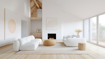 Minimalist Scandinavian Living Room, spacious design features high ceilings, white walls, elegant fireplace, white furnishings, wooden floors, cozy rug, and tasteful artwork.