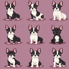 Charming Cartoon of Diverse Boston Terrier Breed Poses in Soothing Mauve Background