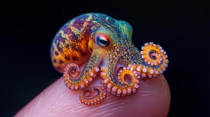 Detailed macro shot of a small octopus on a fingertip, emphasizing its intricate features and vibrant colors.