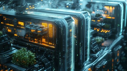 Naklejka premium High-performance cloud computing system, with cooling systems and optimized energy use, sleek futuristic server farm, focus on sustainability
