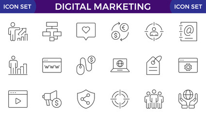 Digital marketing icons set. Content, search, marketing, ecommerce, seo, electronic devices, internet, analysis, social outline icon set.