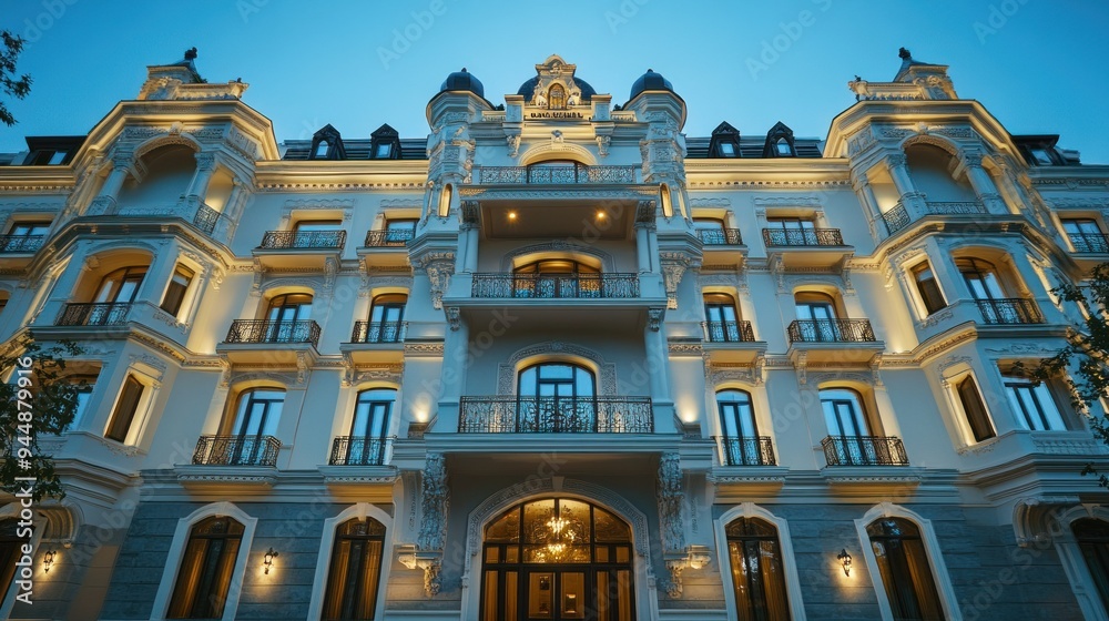 Poster Ornate European Building with Illuminated Windows and Balconies at Dusk