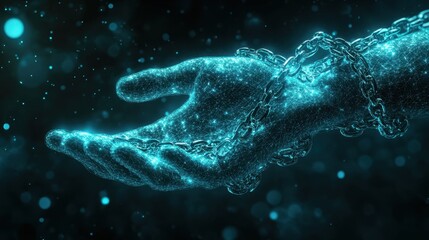 Digital hand with chains wrapped around it, symbolizing the balance between information security and the desire for freedom.