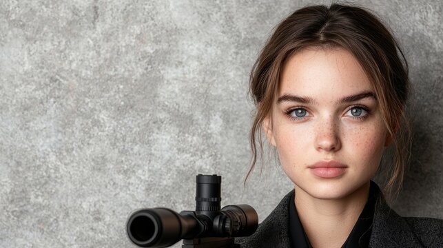 Serious young woman with rifle scope