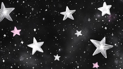 A whimsical starry night with silver and pink stars against a deep black galaxy.