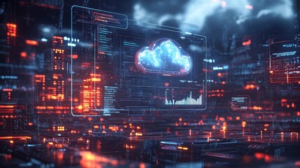 Fototapeta premium Cloud computing analytics in action, floating digital dashboards with real-time data graphs, surrounded by futuristic holograms, tech innovation