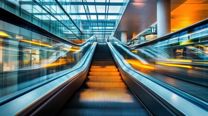 Escalator with Motion Blur and Glass Reflections in Modern Building