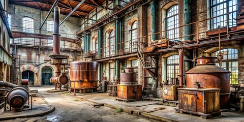 Abandoned old distilling factory with rusted machinery and barrels , vintage, industrial, old, distilling, factory
