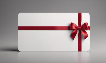A white gift card with a red ribbon and bow
