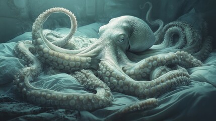 Fototapeta premium Dreamlike vision of an octopus sprawled across a bed, evoking a sense of fantasy with its delicate tentacles.
