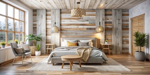 Whitewashed Reclaimed Wood Planks Combining Honey-Gold Veneer Strips Soft Warm Natural Lighting Airy Minimalist Scandinavian Inspired Cozy Rustic Charm