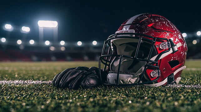 A close-up of a football helmet and gloves resting on the field under the stadium lights at night, symbolizing the end of a game