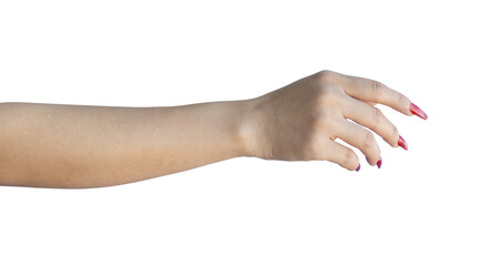 Fototapeta premium Female hand with red nails manicure isolated on transparent background, PNG Format