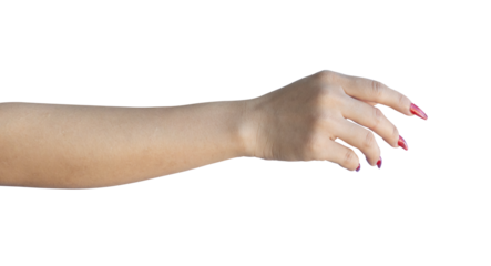 Female hand with red nails manicure isolated on transparent background, PNG Format