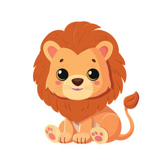 Lion cute childish  cartoon illustration. Vector lion is sitting isolated on white background Flat design element