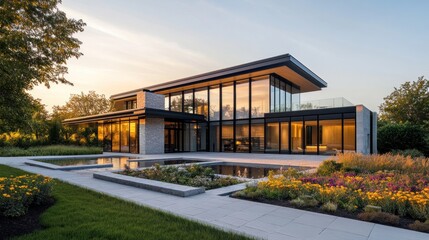 Obraz premium Modern Glass House with Pool and Garden