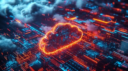 Seamless cloud computing integration, diverse tech systems merging into a unified cloud interface, bright neon lights representing data flow