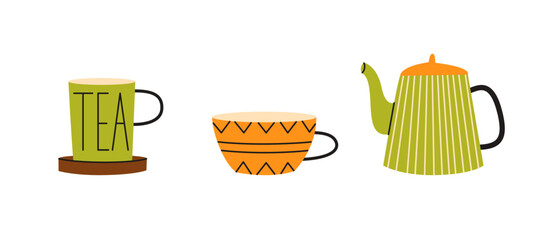 Cute tea set. Teapot and cups. Hand drawn flat vector illustration for autumn and fall isolated on a white background. Cozy collections