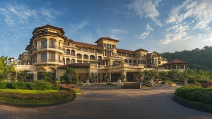 Luxurious Hotel Building with Lush Green Landscaping