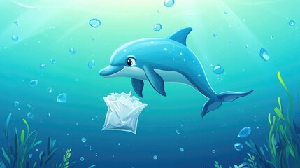 Obraz premium 2D cartoon dolphin in the water with a plastic bag highlighting the importance of ocean conservation