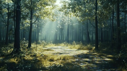 Obraz premium Sunbeams Illuminating a Path Through a Misty Forest