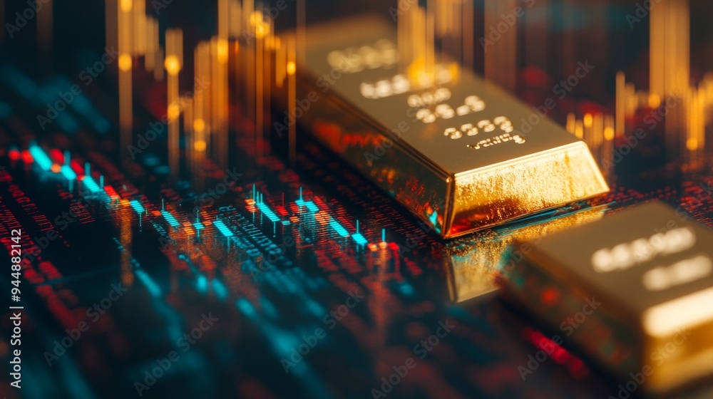 Aufkleber a close-up of a gold bar with a background of a financial graph showing historic gold price trends, 
