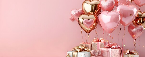 Pink and Gold Heart-Shaped Balloons with Gift Boxes on a Pink Background