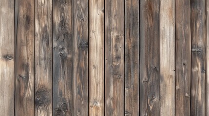 Naklejka premium Rustic wooden wall featuring vertical planks with varying shades of brown and gray. The texture shows natural wood grain and imperfections, creating a warm and inviting atmosphere.