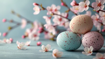 Fototapeta premium Three colorful Easter eggs are placed on a blue background.