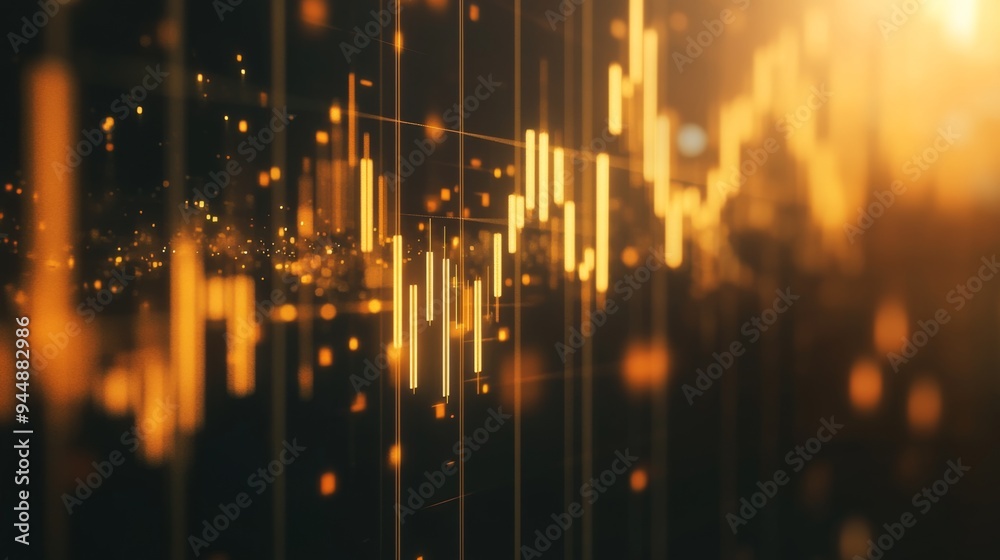 Poster a close-up of a gold price chart with candlestick patterns and indicators, featuring golden bars and