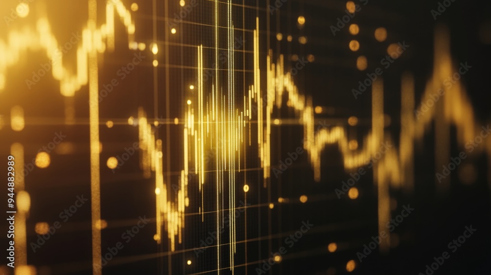 Poster A close-up of a gold price chart with candlestick patterns and indicators, featuring golden bars and trend lines against a professional, dark background.