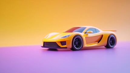 A vibrant yellow sports car toy positioned on a colorful gradient background showcasing artistic design and playful creativity, 3d illustration.