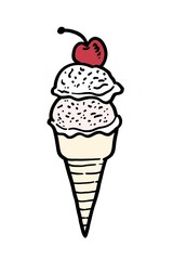 Delicious ice cream cone topped with a cherry, featuring two scoops with different flavors and a classic waffle cone design