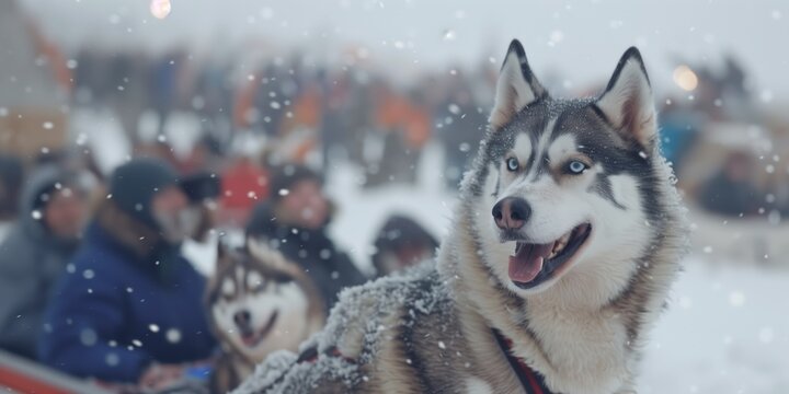 Huskies enjoy a snowy day while spectators watch the thrilling winter dog sledding event in a picturesque winter landscape