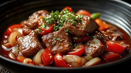 Beef Stir-fry with Vegetables in a Black Bowl