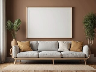 Modern Living Room with a Blank Canvas Above a Grey Sofa