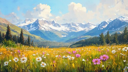 A Field of Wildflowers in Front of Snowy Mountain Peaks